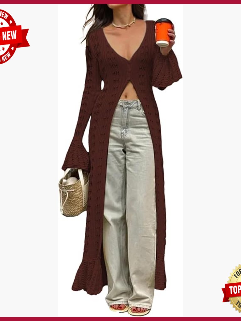 Long Crochet Cardigan Button Up Knit Hollow Out Duster Sweater Cover Up Maxi